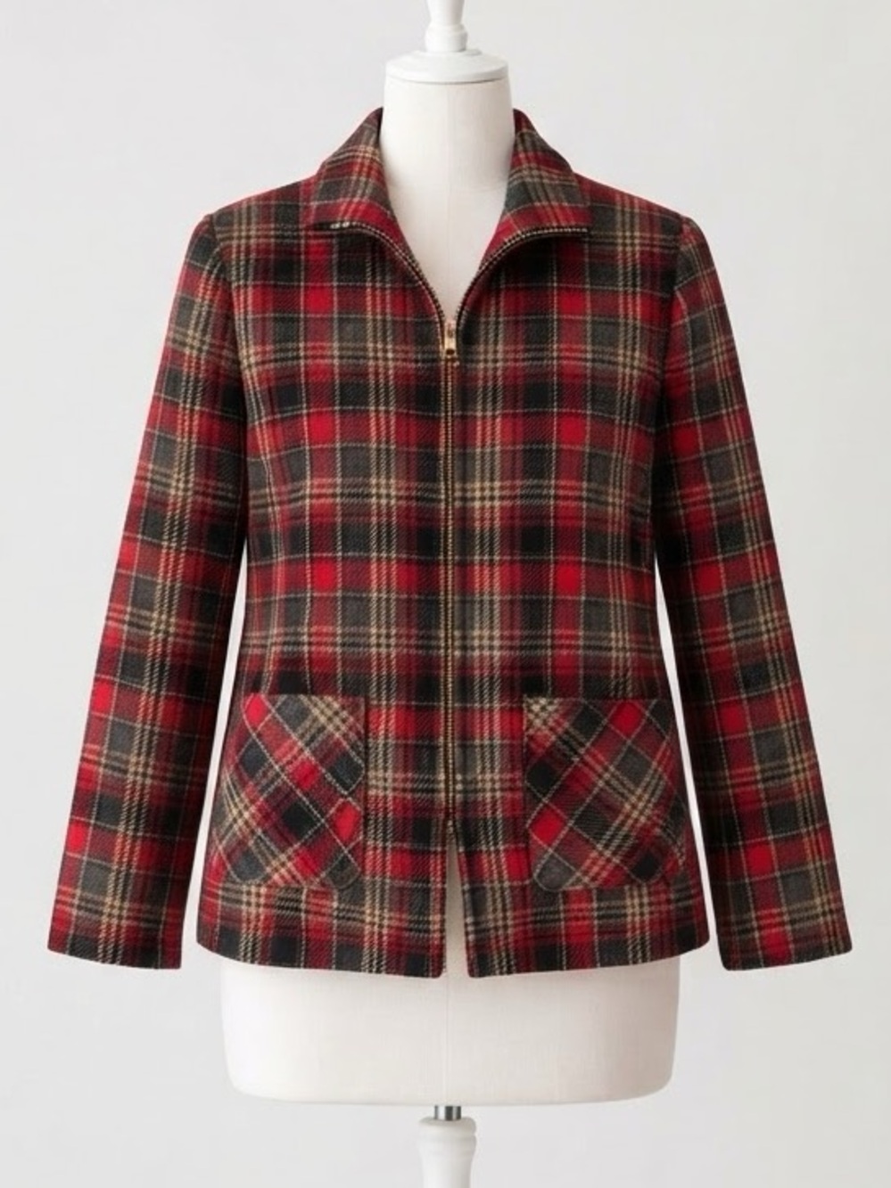 Requirements Red Black Tartan Plaid Wool Zip Blazer Jacket Size 16